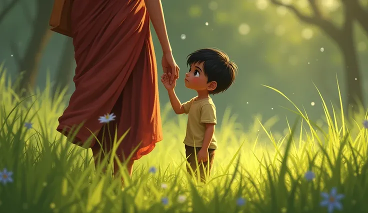 "Suddenly, Vardhaman stops, holding his mothers hand, gazing at the grass beneath their feet with a thoughtful expression."
Prompt: "A young boy stops and looks at the grass on the ground, holding his mothers hand, expressing sensitivity and concern."