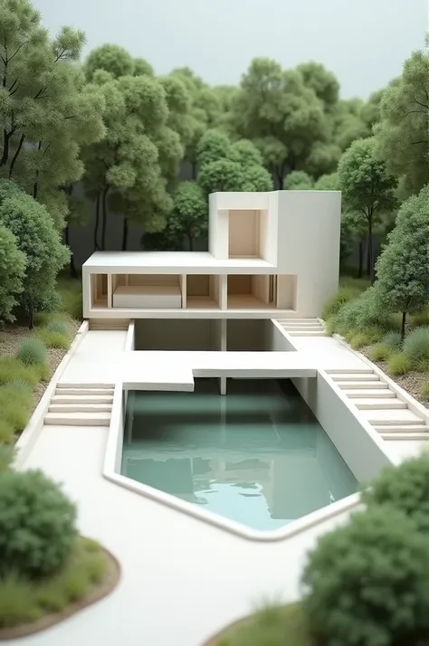  A model containing ,  depressed space , bridge, double height , that is set in a park and in the style of the architect Tadao Ando that has no walls 