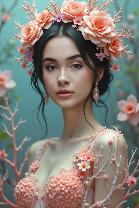 A portrait of a stunningly beautiful woman at one with nature, adorned with vibrant coral and sea-inspired textures. Her elaborate hairpiece features intricate floral and coral designs, in soft pastel shades of pink, orange, and purple. Her dress is a scul...