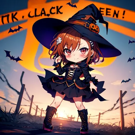 (Chibi:1.5), Full Body, alone, witch, Halloween,  trick or treat, (masterpiece), Best Quality, 1 girl, Misaka Mikoto