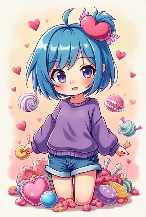 Logo that reflects a lot of sweetness with lots of candies of a slim VTUBER gamer girl with great attributes and big happy hips with short blue hair with a heart-shaped pocket on her head with a purple sweater and strong blue denim shorts.