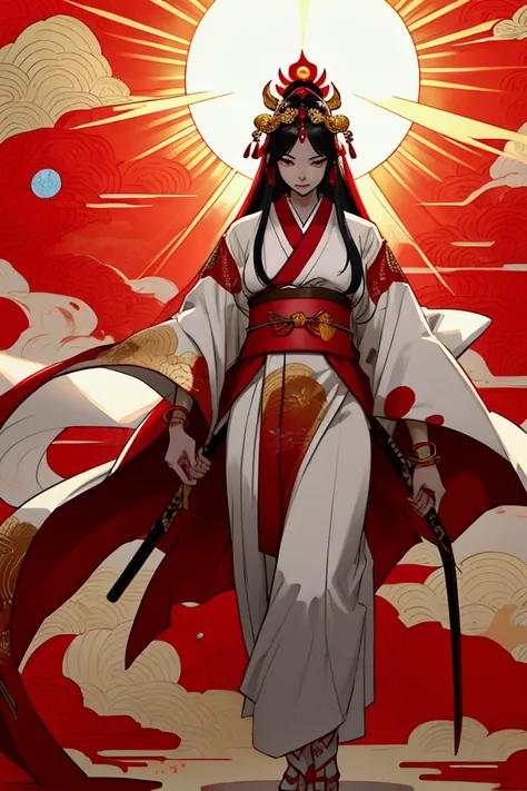 Create another illustration of the full-body female Japanese Sun Goddess, wearing a very stylized open robe in red, white and gold, with an oriental outfit underneath, very voluminous long hair spread out in red with golden Japanese ornaments and ornaments...