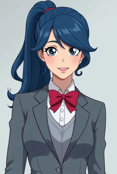 Carina  Chereji voice acting as eqg sonata dusk ponytail arctic blue hair color  with grey suit grey sweater and red bowtie 