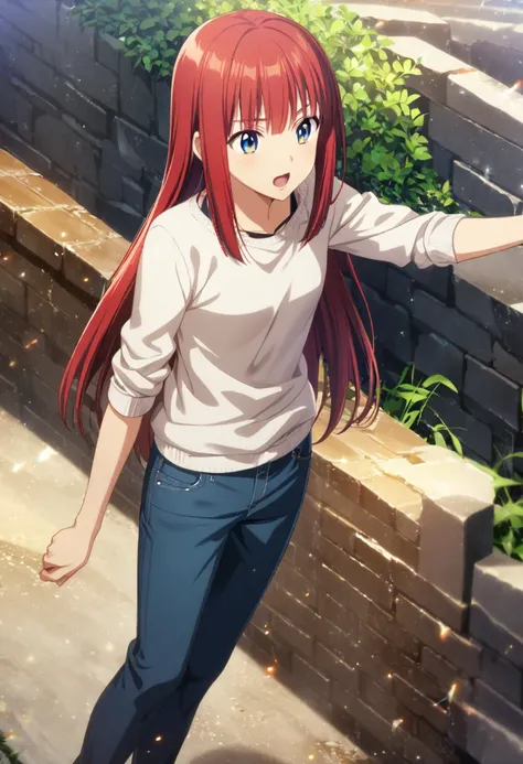 1 boy, red hair, sleek straight hair, golden-blue eyes, casual clothes, CG