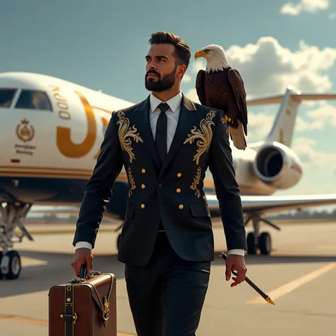 a nice beard and normal  hair  with normal innocent face cut guy wearing black premium ambrodary  suit in one hand precious leather suit case and second hand black and golden gangster stick  sun glasses  walking on runway with swag and background of black ...