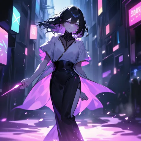  
She walks alone ,  a beautiful teenager with an enigmatic aura that sets her apart in a dystopian world . Her white skin glows under neon lights despite the gray night,  contrasting with her long black hair that falls in soft waves up to the middle of he...