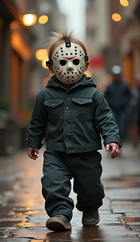 baby Jason Voorhees with mask, cute chubby walking down a catwalk