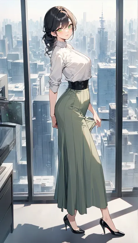 "office lady standing, full body, from side, height 163cm, business chic, victorian blouse, slender 63cm waist, full 93cm hips, shapely legs, clear fair skin (RGB: 255, 233, 209), oval face with soft features, almond-shaped eyes (light green) with double e...