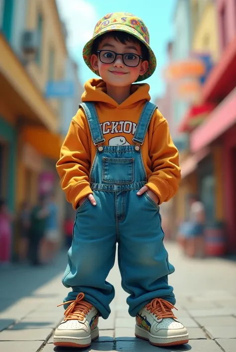 Create a funny outfit of a teenage boy with extreme Y2K and 90’s fashion: baggy jeans, tiny sunglasses, colorful bucket hats, and chunky sneakers.