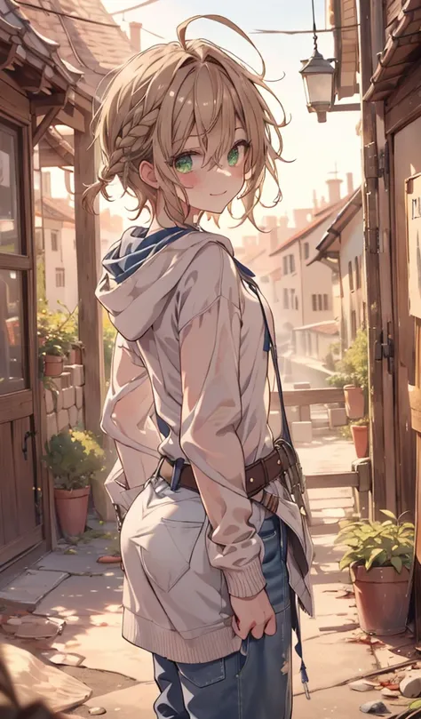 masterpiece, 8k, 1 boy, sparrow, a light brown haired girl, wearing a medieval villager clothes, curly short hair, messy hair, slim body, she close her left eye, shirt ornament, green eyes, medieval village, ahoge, she wearing her hoody, seductive smile, b...