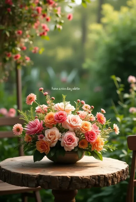 Generate an image with flowers on a table in a garden where it says “Have a nice day Odette” in the middle of her flowers 