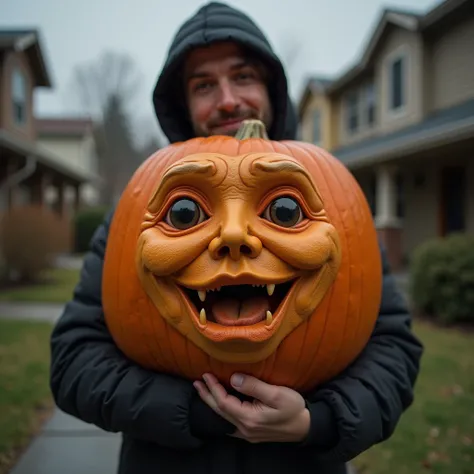   The surface of the pumpkin sticks out like a human face 、 Pumpkin with a realistic human face 、A  holding this pumpkin in his chest visits neighboring houses on Halloween、SFW、Mild modeling for public viewing 