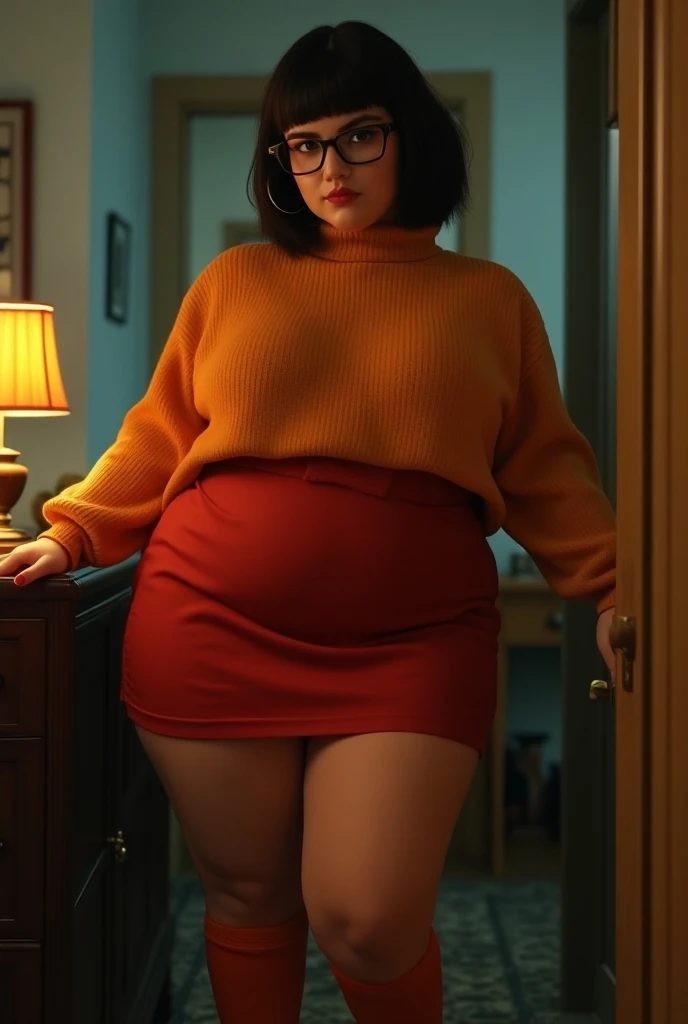 20 yo thick woman, curvaceous, dark brown hair, ((short pageboy haircut:1.3)), ((wearing a baggy orange turtleneck sweater:1.2)), ((cherry red skirt:1.3)), ((red skirt)), (((red skirt))), (red skirt:1.3), ((knee high orange socks:1.2)), Mary Jane shoes, ((...