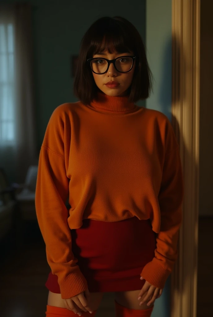 20 yo sexy woman, curvaceous, dark brown hair, ((short pageboy haircut:1.3)), ((wearing a baggy orange turtleneck sweater:1.2)), ((cherry red skirt:1.3)), ((red pleated mini skirt)), ((knee high orange socks:1.2)), Mary Jane shoes, ((thick black square gla...