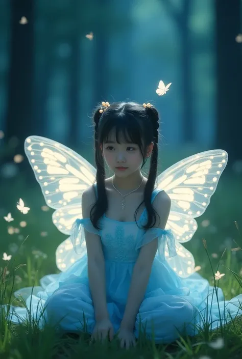 Beautiful Korean girl in pigtails wears princess fashion white blue luminous color expands behind band there are big wings transparent white luminous squat half-sitting in front of grass with butterflies glowing gold beautiful baground forest night atmosph...