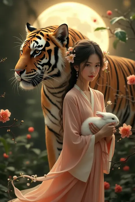 This image depicts a serene and ethereal scene of a beautiful Asian woman, dressed in a flowing, elegant traditional robe, cradling a small white rabbit. The setting appears to be a magical forest, with delicate branches adorned with soft, peach-colored bl...