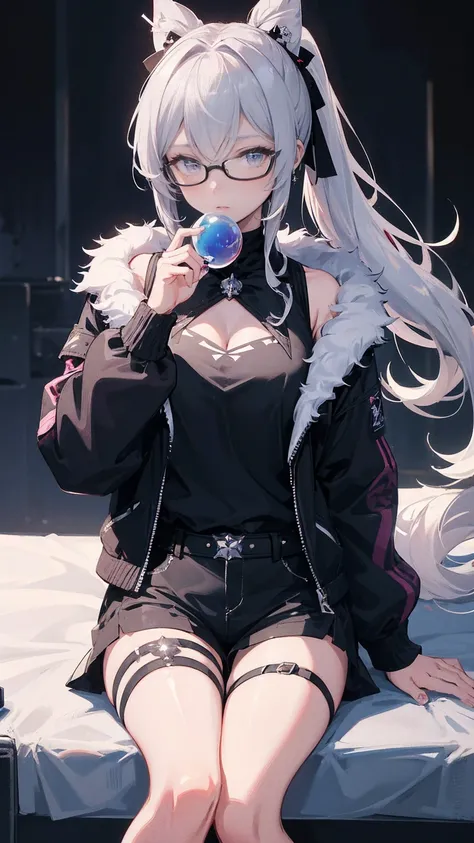  1 girl, Silver Wolf (Honkai: Star Rail), Honkai (series), black  shorts , Blowing bubbles, Chewing gum, Cross Buns, Drill Hair,  drill ponytail ,  earrings,  Eyewear, Microcosm , fur-trimmed  jacket, Fur trim, goggles, Grey Hair, hair ribbon,  high ponyta...