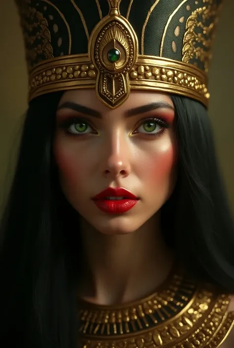 Makeup of an Egyptian pharaoh queen with green eyes with golden black tones and red lips 