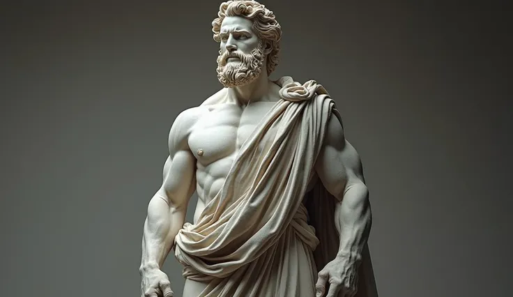 A marble sculpture, hyper-realistic, finely detailed image of a muscular man with a long, curly beard, dressed in Greek robes, The dramatic, low-angle lighting emphasizes the textures of the stone and musculature