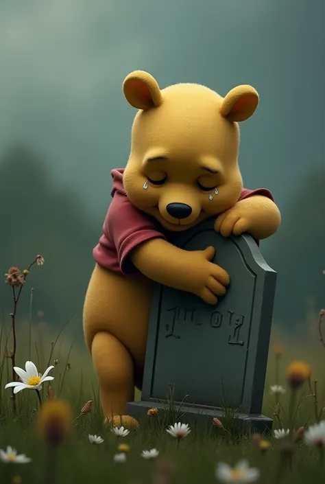 Create me an image of Winnie the Pooh crying embracing a grave with tears on her cheeks and very sad and flowers