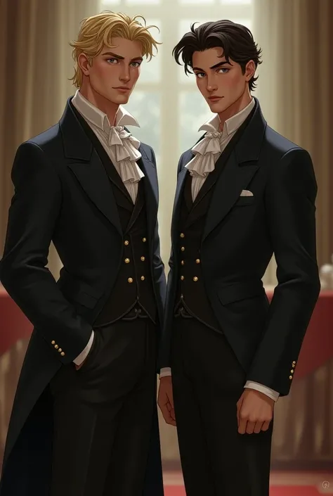 a handsome blond man, wearing a viscount Bridgerton , next to you a man of short stature , series-style suit and with black and wavy hair with a defiant expression. high resolution , masterpiece, Necessary, anatomically correct,  Awarded multiple times , M...