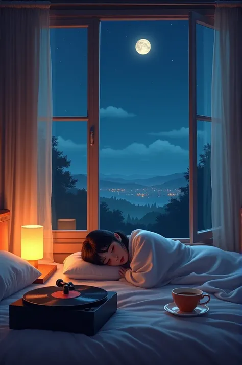 A peaceful nighttime scene with a cozy bedroom by an open window, where soft moonlight filters in through sheer curtains. Outside, a quiet city skyline or a calm forest is faintly visible, with stars twinkling above. Inside, a warm blanket is draped over a...