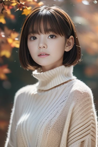 parfect anatomy、top-quality、masuter piece、ultra-detailliert、8ｋ、solo、1 girl in、Bangs trimmed just above the eyebrows, a short bob、Fluffy sweater with turtleneck, Natural look、Beautiful collarbone、Cute look、(((The background is blurry and autumn:1.3)))