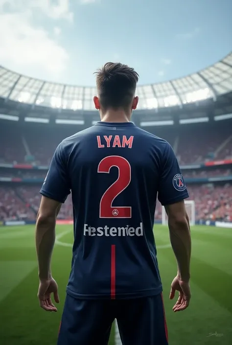 Can you create an image of the PSG soccer jersey with the first name Lyam and the number 2 with the Parc des Princes in the background