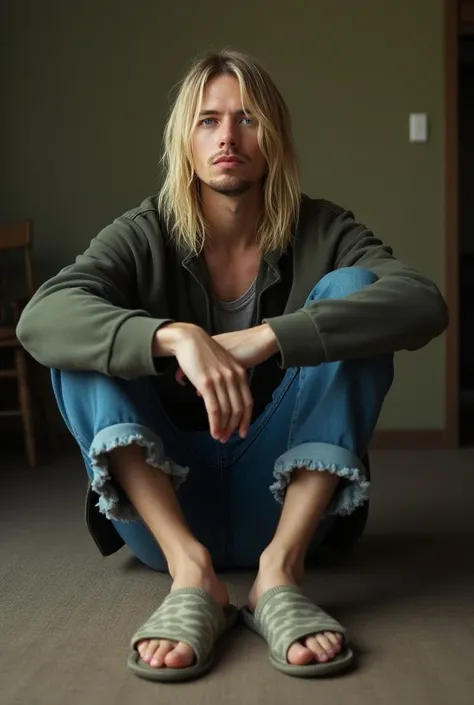 Kurt Cobain sitting wearing open toe home slippers 