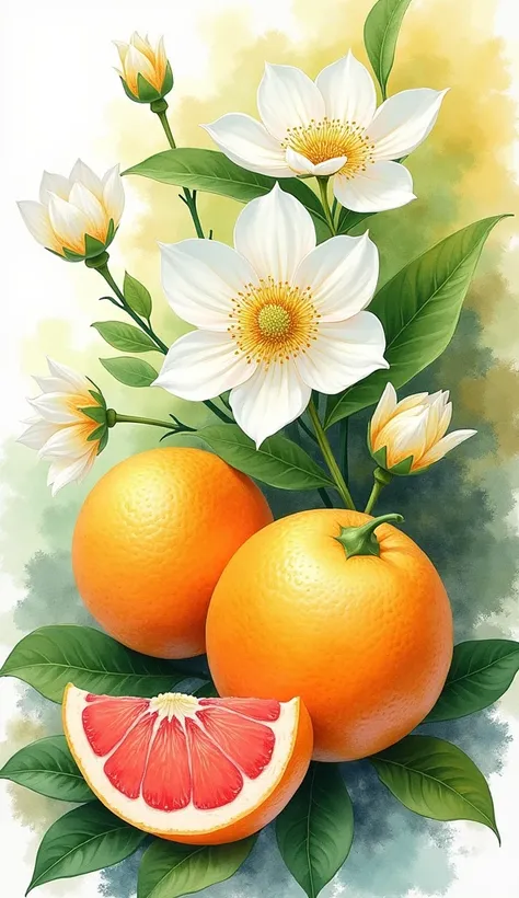 Yuzu,Yuzu flowers,painting of a,aquarelle,sketching,Floralism,a plant,the fruits,Slice the grapefruit,Grapefruit,Ripe pomelo,Grapefruit peel,orange colors,green color,white colors