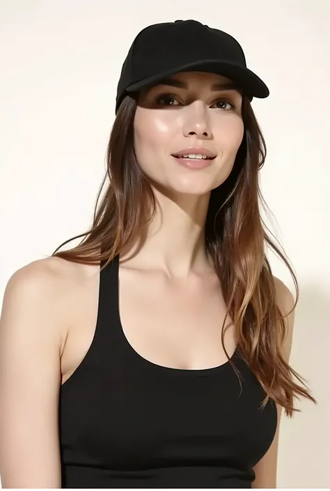 a close up of a woman wearing a black baseball cap and a black tank top, she is wearing a black tank top, wearing a black cropped tank top, wearing a cropped black tank top, black halter top, tight black tanktop, halter top, sport bra, black top, wearing b...