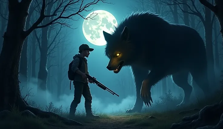  Imagine a night scene , With the full moon shining brightly in the sky,  illuminating the dense and mysterious forest . in the center of the image,  there is a young farmer with a determined face ,  holding a shotgun firmly ,  while confronting an imposin...