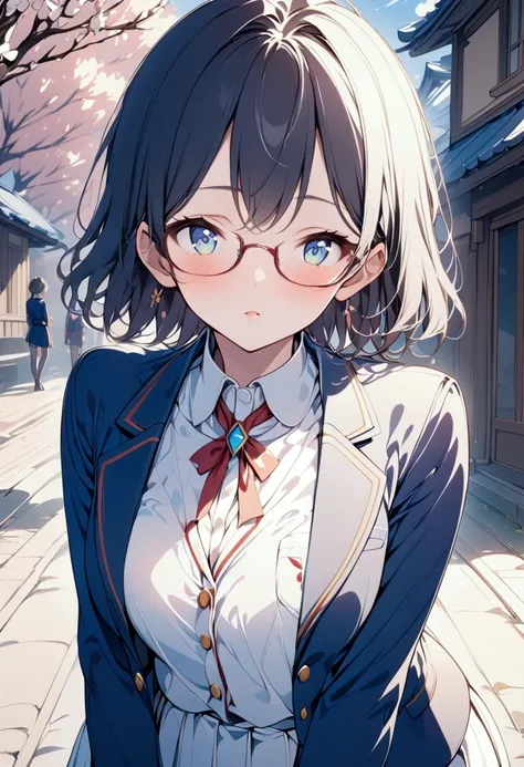 One Girl、Black Hair、Japanese、 belly short hair 、Beautiful eyes、Near future、White tank top、Blazer uniform、high school student、Black-rimmed glasses、delicate、Slender、Slender、beautiful girl
