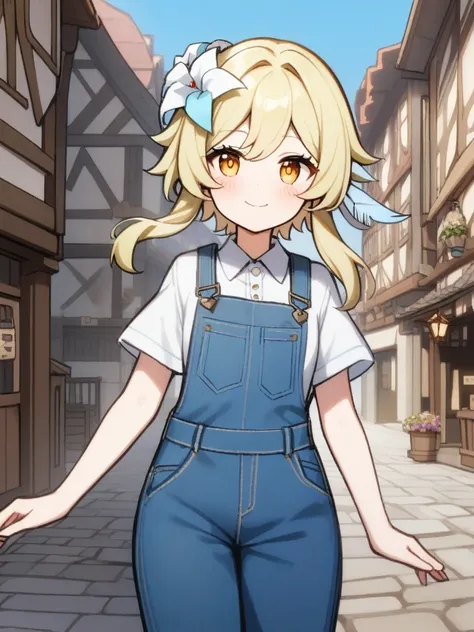 {1girl, solo}, lumine (genshin impact), denim overalls, long jeans, hair flower, white collared shirt, flat_chest, blush, big smile, european_town