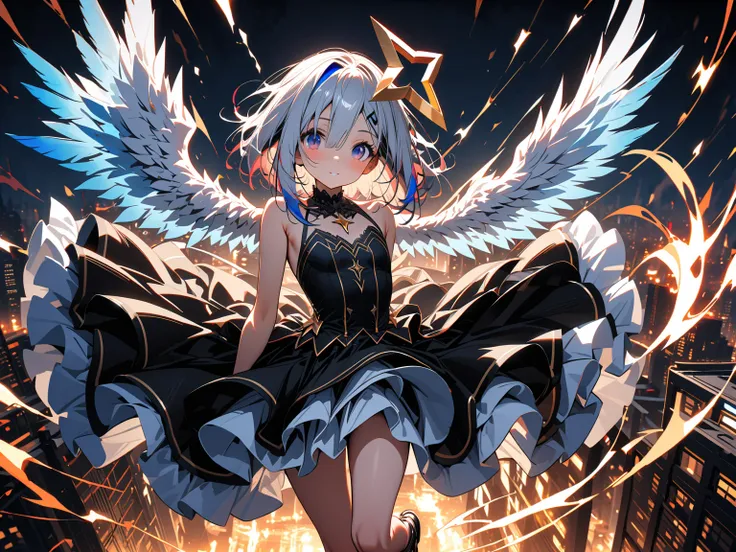 (1girl, (amane kanata:1.6), gradient hair, grey hair, blue hair, flat chest, star halo, star shaped angel ring, angel, (wing on ...