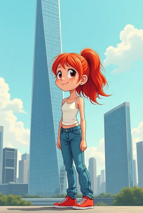  Giant hand-drawn girl with red hair, red sneakers ,  white tank top and blue pants , next to a skyscraper 