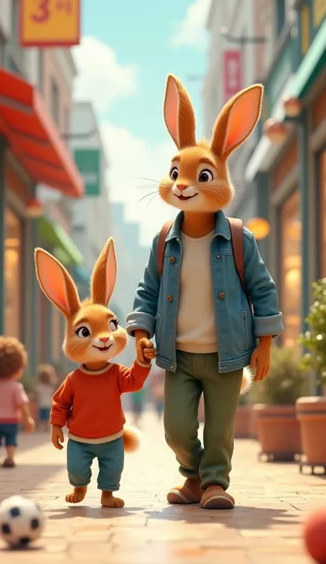 A little orange rabbit wearing a red shirt and blue pants is with his father, who is wearing a blue shirt and green pants, in a shopping mall.