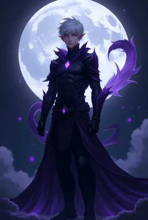 A lunar elven man , high resolution ,  short white hair ,pointy ears, purple eyes, a thin armor embedded in shadows like a symbiote uniting on the body and the shadows with the outline being purple,full moon background,ANIME STYLE, 