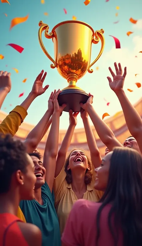  Several people raising a trophy, laughing and celebrating 