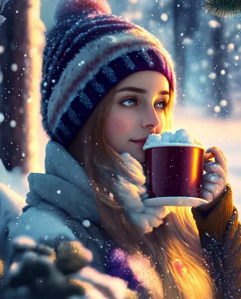  middle-aged young woman falling gold dust、snow１Cheers with a cup 