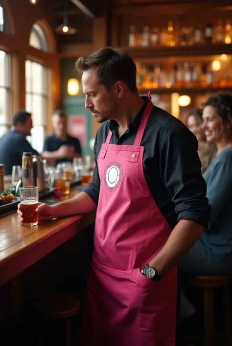 Iron man working in a bar wearing pink apron