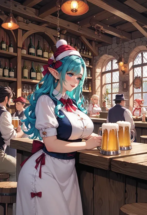 red tricorn hat、 a bearded, plump fairy 、pointy ears、bar run by crullahorn 、 an elf female master and waitress showing their fac...