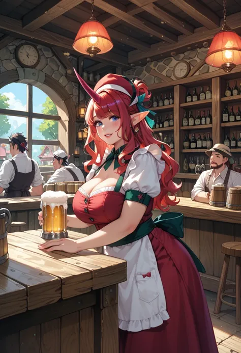 red tricorn hat、 a bearded, plump fairy 、pointy ears、bar run by crullahorn 、 an elf female master and waitress showing their fac...