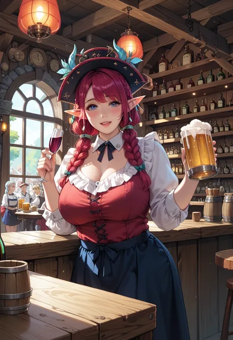 red tricorn hat、 a bearded, plump fairy 、pointy ears、bar run by crullahorn 、 an elf female master and waitress showing their fac...