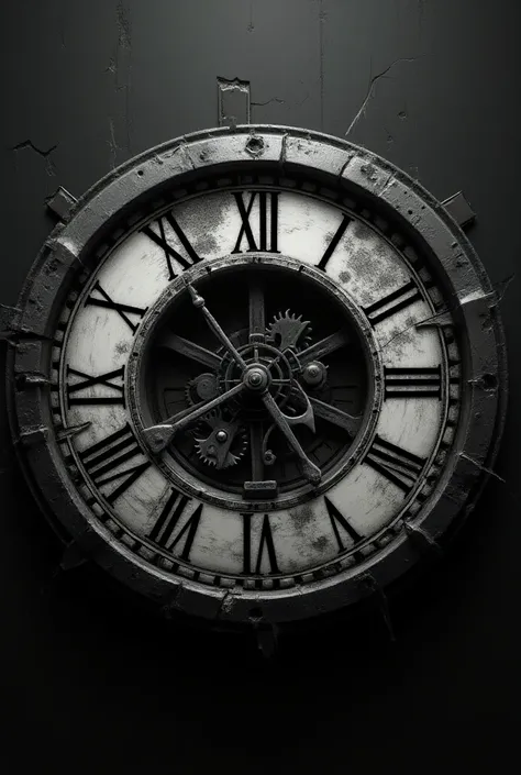 Old clock with Roman clock ,  broken clock with lots of contrasts and super realistic , I want the watch to show the gears in the middle with great clarity and realism in black and gray 