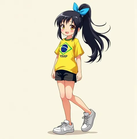 Anime girl with black hair with a ponytail with a blue bow yellow eyes with a smile Brazilian flag t-shirt with the letters YouGP printed in blue and yellow black shorts long and defined legs white sneakers