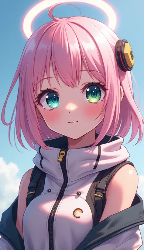 Anime human girl , young girl wearing a moon-shaped halo, Light pink hair,  and two different colored eyes .  Her outfit is cyber-like but modern ,  and she has a bright smile .