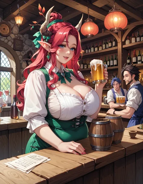 red tricorn hat、 a bearded, plump fairy 、pointy ears、bar run by crullahorn 、 an elf female master and waitress showing their fac...