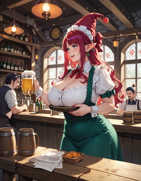 red tricorn hat、 a bearded, plump fairy 、pointy ears、bar run by crullahorn 、 an elf female master and waitress showing their fac...