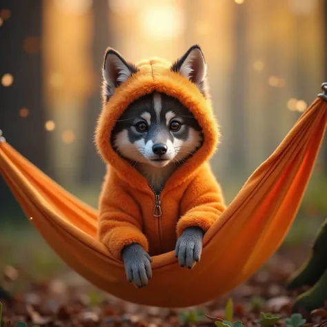 A wolfy in a hammock , wearing an orange fluffy cotton outfit, standing, mignon wolfy design and hood,  wolfy on a background with Disney theme bokeh, 1 wolfy, Very detailed, 8K, photorealistic, Realistic lighting, Vibrant colors, soft focus, mignon, adora...